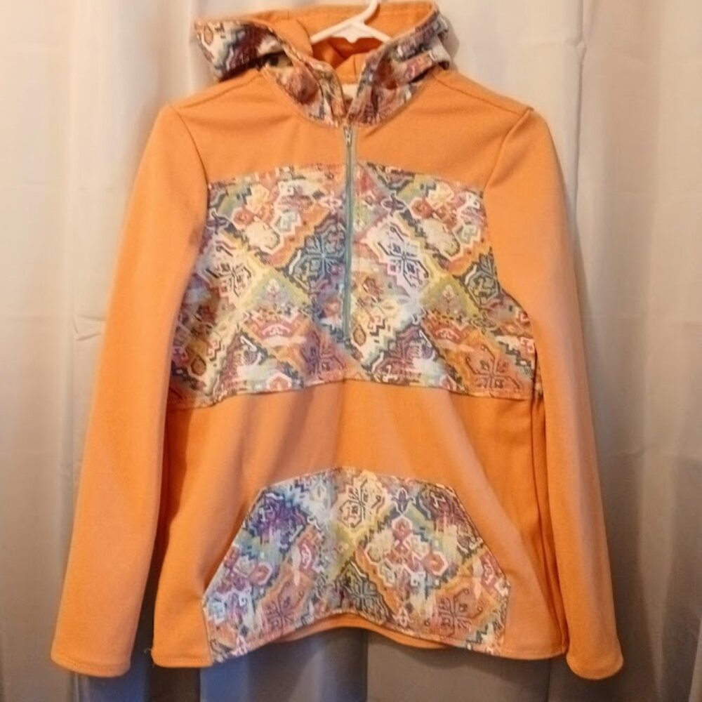 New Contrast Hoodie Sweatshirt women S Peach Blue Southwestern Print 1/2 Zip up